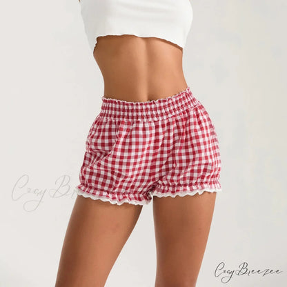 Plaid Lace Trim Elastic Waist Shorts pink / S short-250223