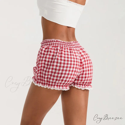 Plaid Lace Trim Elastic Waist Shorts short-250223