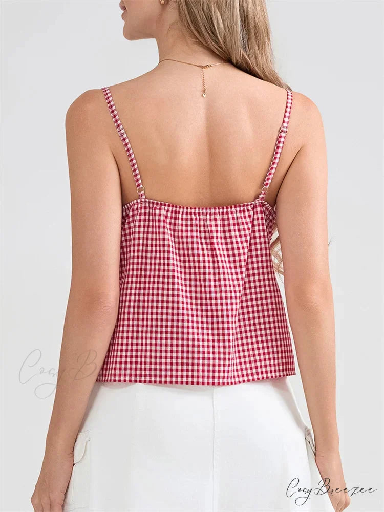 Plaid Lace Trim Spaghetti Strap Tank Crop Top croptop-250126