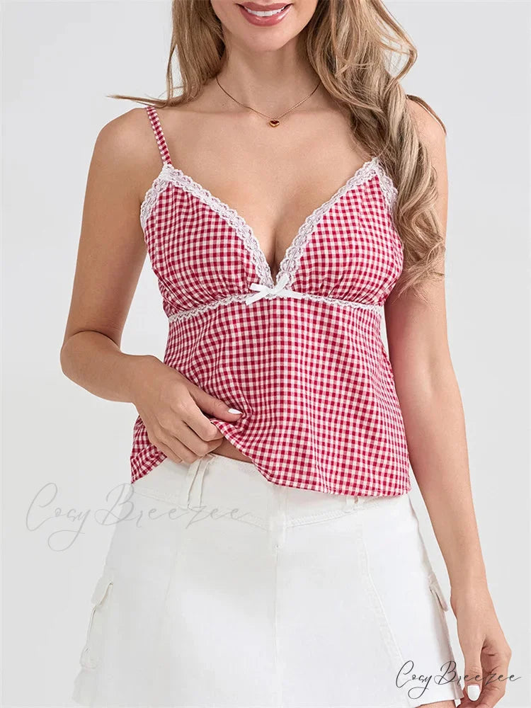 Plaid Lace Trim Spaghetti Strap Tank Crop Top croptop-250126