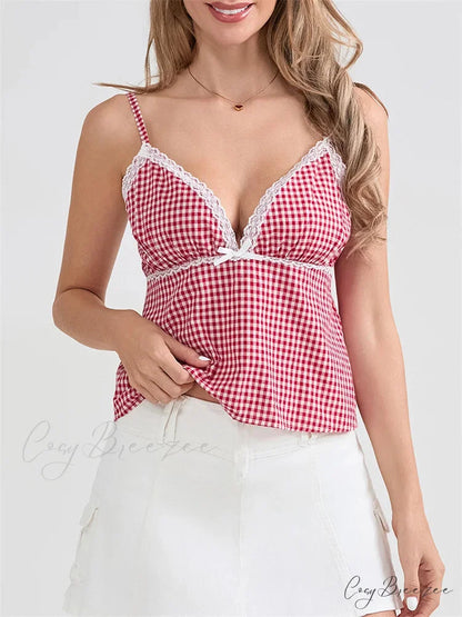 Plaid Lace Trim Spaghetti Strap Tank Crop Top croptop-250126