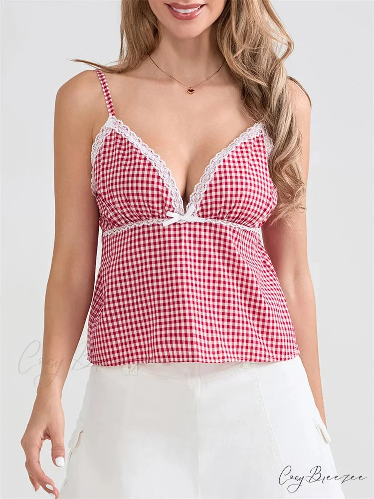 Plaid Lace Trim Spaghetti Strap Tank Crop Top PINK / S croptop-250126
