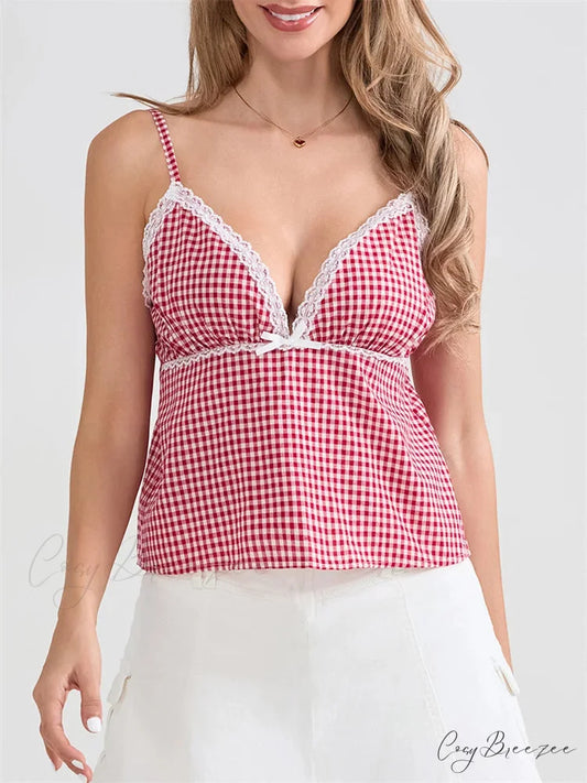 Plaid Lace Trim Spaghetti Strap Tank Crop Top PINK / S croptop-250126