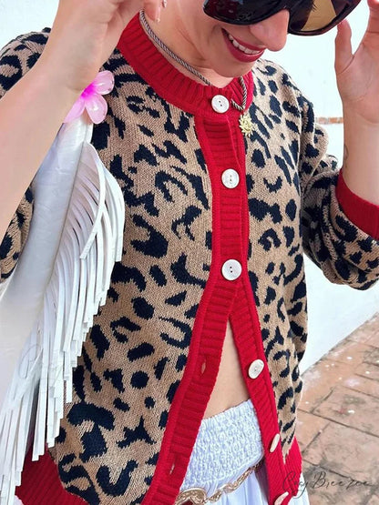 Plaid Lantern Sleeve Knit Cardigan red / S cardigans-241228