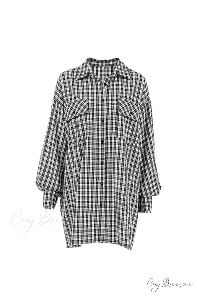 Plaid Lantern Sleeve Long Blouse with Drop Shoulder