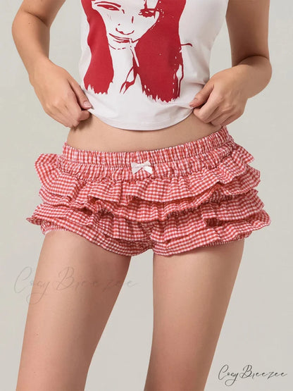 Plaid Layered Lolita Bloomer Shorts Red / S short-250223