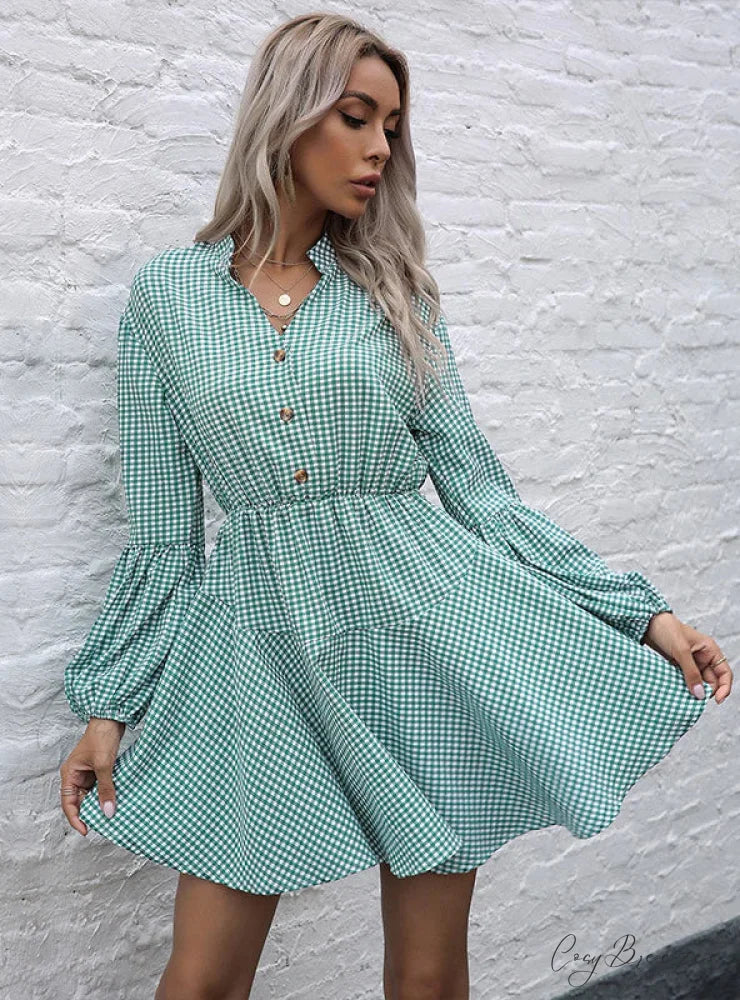 PLAID LONG SLEEVE COLLAR DRESS