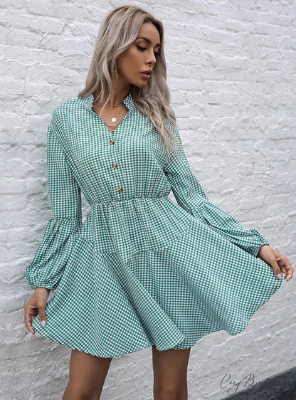 PLAID LONG SLEEVE COLLAR DRESS