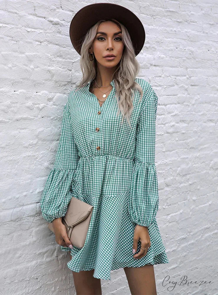 PLAID LONG SLEEVE COLLAR DRESS