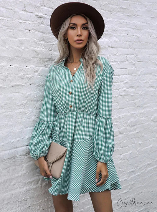 PLAID LONG SLEEVE COLLAR DRESS