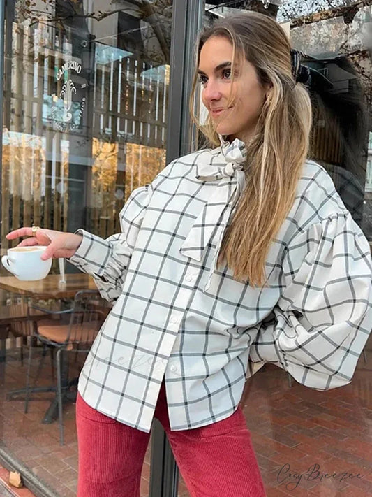 Plaid Long Sleeve Lace Up Single Breasted Crop Top blouse-250126