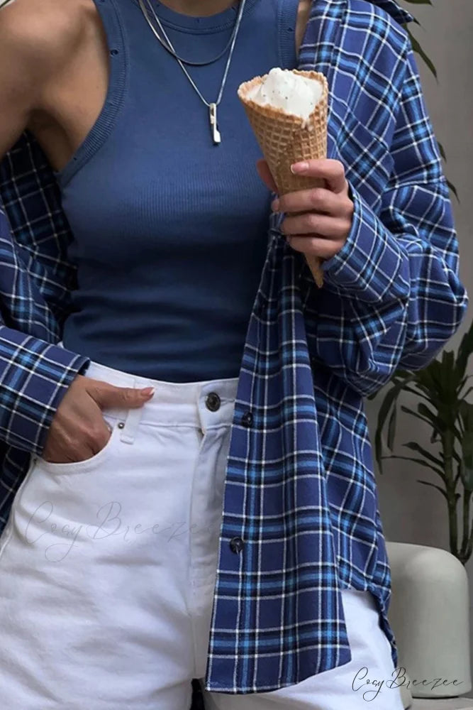 Plaid Loose Blouse Blue / M