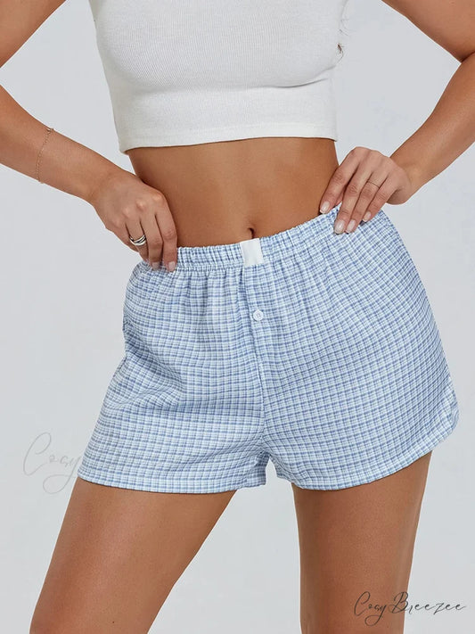 Plaid Loose Lounge Shorts blue / S short-250223