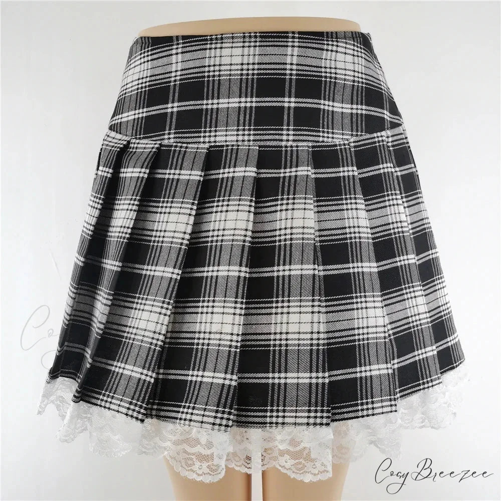 Plaid New Contrast Lace Pleated Vintage Sexy Skater Clothes Harajuku Gothic England Style Y2K Skirt BLACK / S
