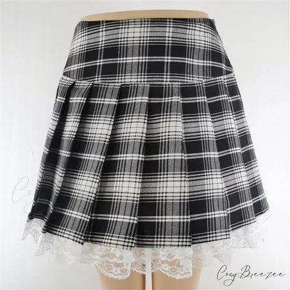 Plaid New Contrast Lace Pleated Vintage Sexy Skater Clothes Harajuku Gothic England Style Y2K Skirt BLACK / S