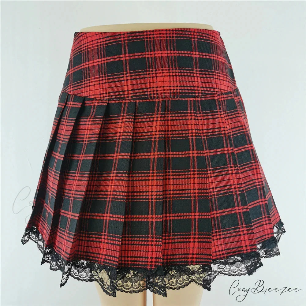 Plaid New Contrast Lace Pleated Vintage Sexy Skater Clothes Harajuku Gothic England Style Y2K Skirt RED / S