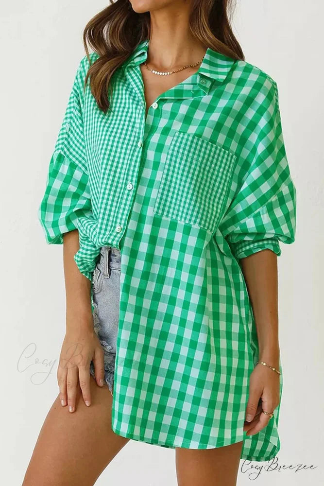 Plaid Patchwork Long Sleeve Shirt Green / L