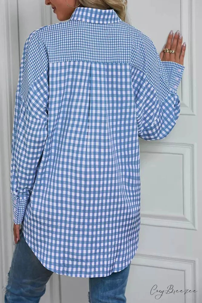 Plaid Patchwork Long Sleeve Shirt Light Blue / 2XL