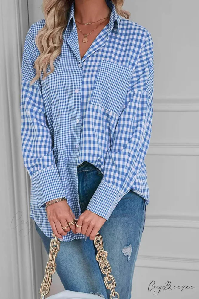 Plaid Patchwork Long Sleeve Shirt Light Blue / L