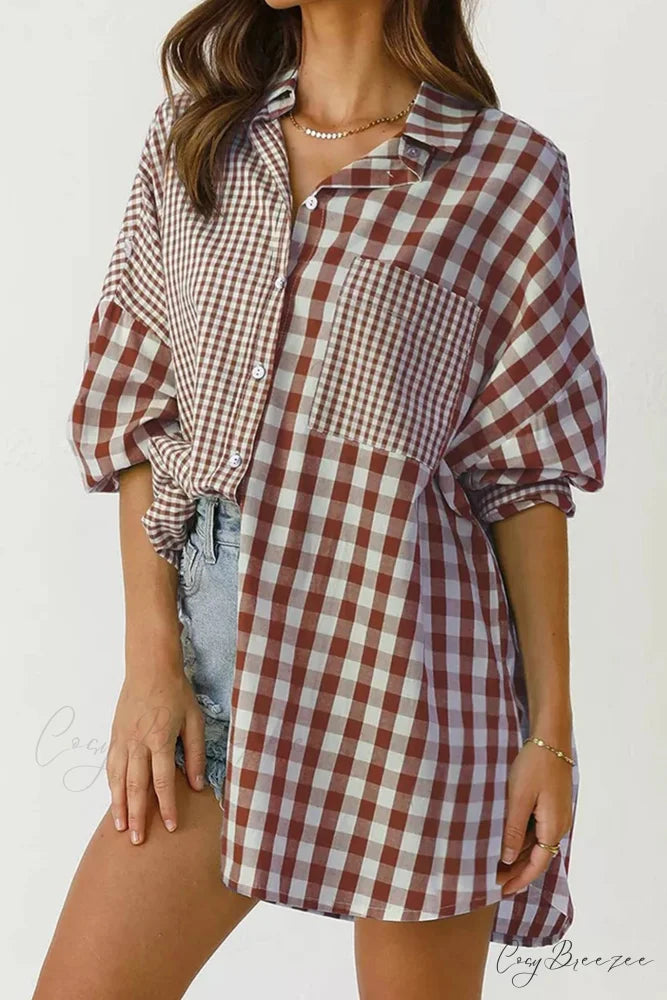 Plaid Patchwork Long Sleeve Shirt Light Brown / S