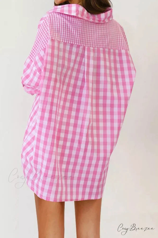 Plaid Patchwork Long Sleeve Shirt Pink / XL