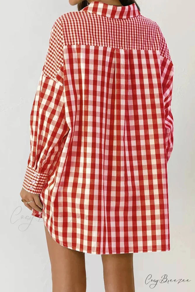 Plaid Patchwork Long Sleeve Shirt Red / S