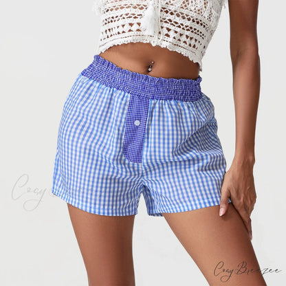 Plaid Patchwork Loose Lounge Shorts Blue / S short-250223