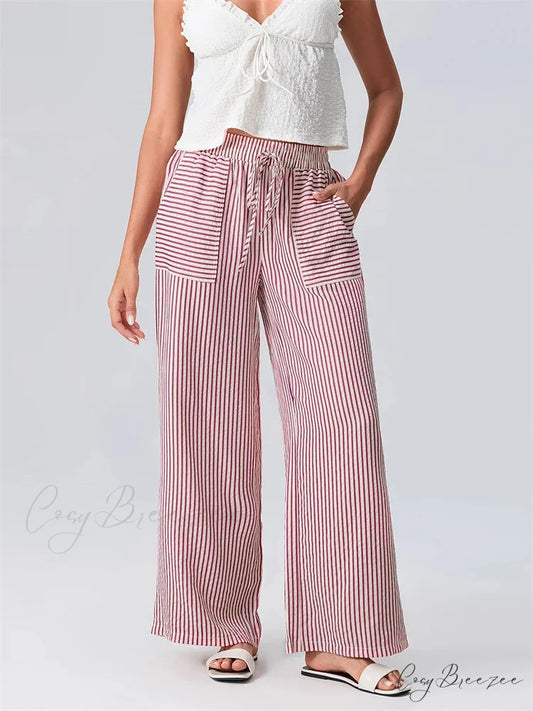 Plaid Pattern Pull-Tie Stretchy Waist Relaxed Pant PINK / S pant-250223