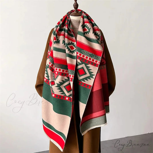 Plaid Print Cashmere Pashmina Winter Scarf red scarf-241228