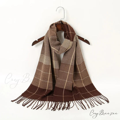 Plaid Print Cashmere Winter Pashmina Scarf with Tassels KHAKI