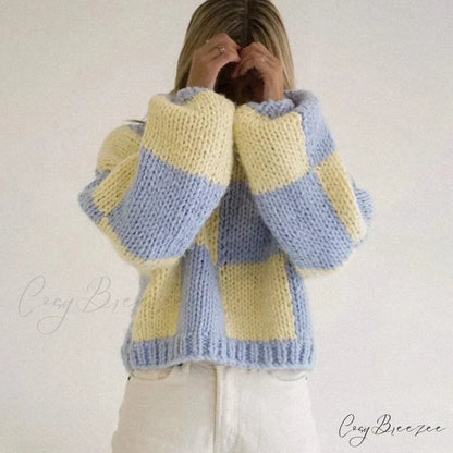 Plaid Print Cropped Comfy Sweater Blue / S swraters-241228