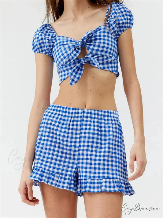 Plaid Print Knotted Short Sleeve T-shirt Top with Elastic Waist Shorts Set BLUE / S twopiecesset-250126