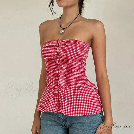 Plaid Print Tube Top Backless Slim Fit Crop Top Red / S croptop-250126