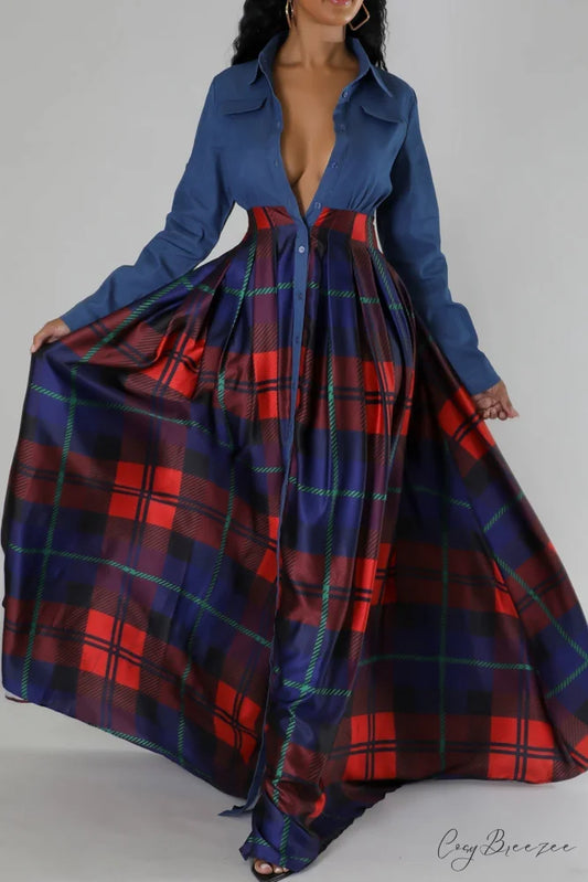 Plaid Printed Shirt Dress with Lapel Red / S