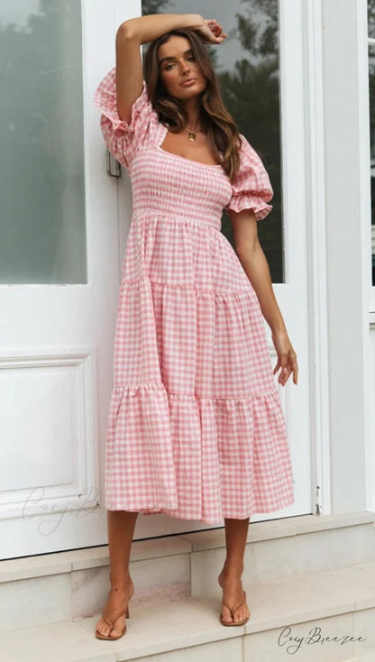 Plaid Puff Stylish Sleeve Midi Dress