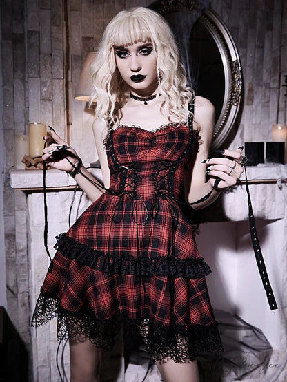 Plaid Red Prom Slip Dress Eyelet Lace Trim Double Cake Vintage Sleeveless Backless Zipper Mini Dress Black / S