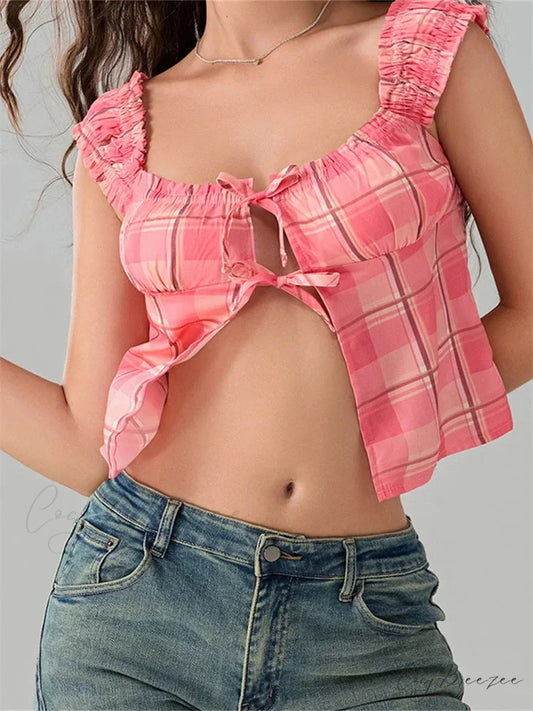 Plaid Round Neck Front Split Sleeveless Crop Top RED / S croptop-250126