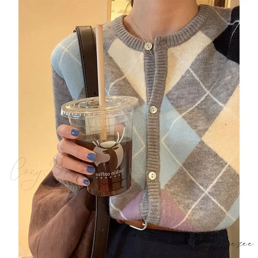 Plaid Round Neck Loose Knit Cardigan GRAY / One Size cardigans-241228