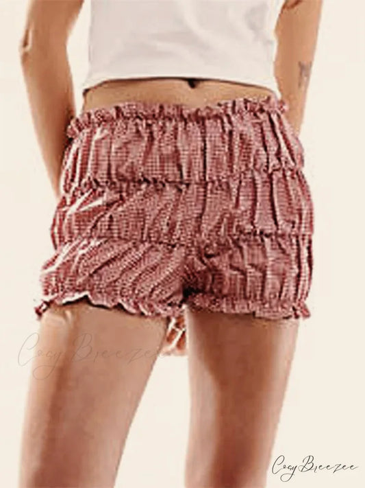Plaid Ruched Ruffle Bloomer Shorts red / S short-250223