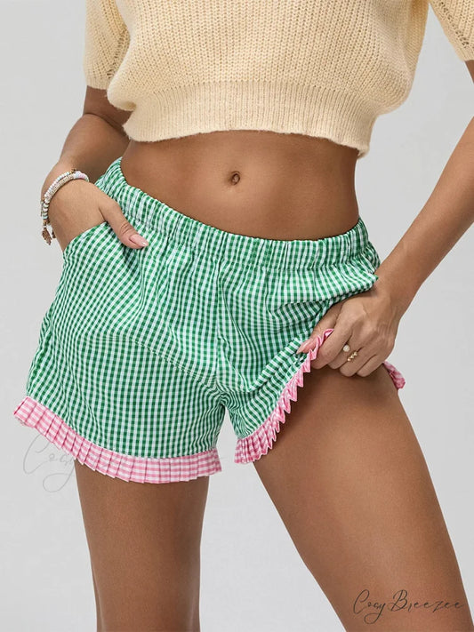 Plaid Ruffle Hem Loose Shorts short-250223