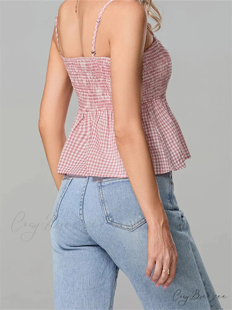 Plaid Ruffle Hem Square Neck Spaghetti Crop Top croptop-250126