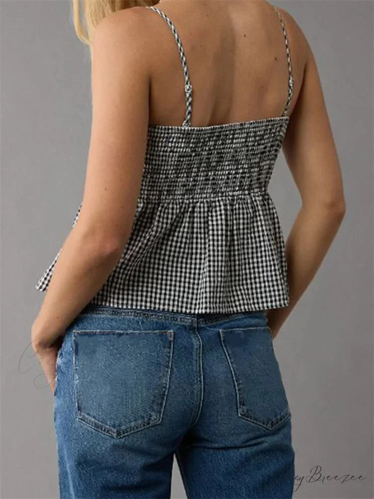 Plaid Ruffle Hem Square Neck Spaghetti Crop Top croptop-250126
