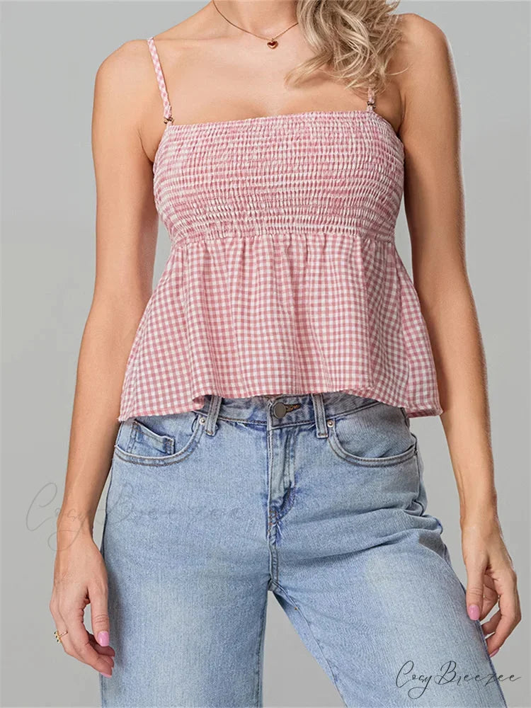 Plaid Ruffle Hem Square Neck Spaghetti Crop Top croptop-250126