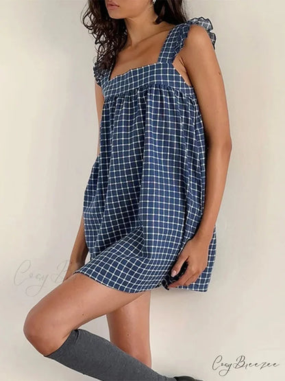 Plaid Ruffle Square Neck Mini Dress DEEP BLUE / S minidress-250223