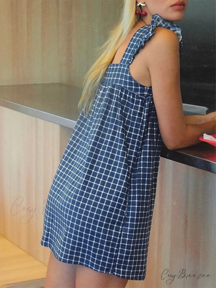 Plaid Ruffle Square Neck Mini Dress minidress-250223