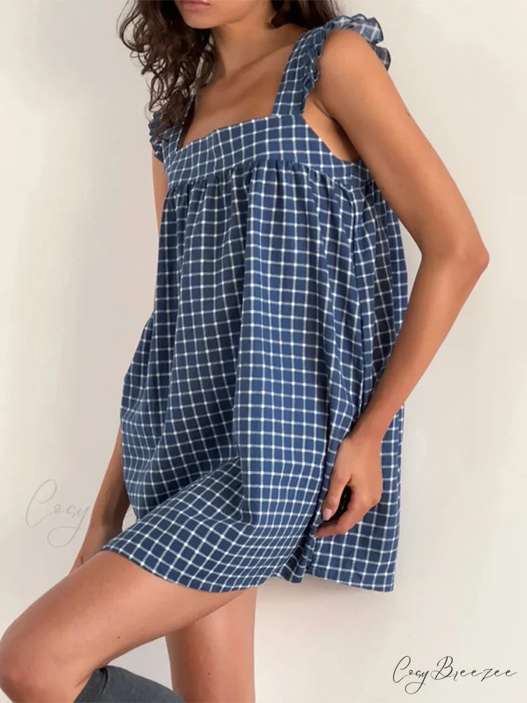 Plaid Ruffle Square Neck Mini Dress minidress-250223