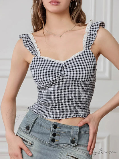 Plaid Ruffle Strap Sweetheart Lace Trim Cropped Tank Top croptop-250126
