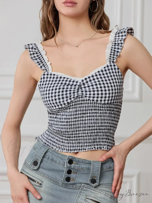 Plaid Ruffle Strap Sweetheart Lace Trim Cropped Tank Top croptop-250126