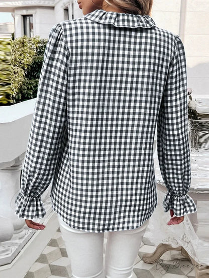 Plaid Ruffle V-Neck Shirt blouse-250223