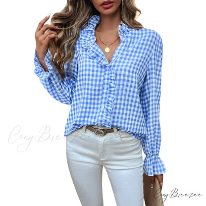 Plaid Ruffle V-Neck Shirt blue / S blouse-250223